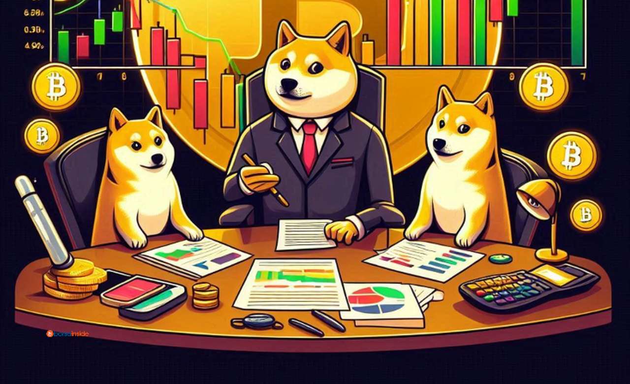 Alcuni personaggi rappresentati in stile fumetto con le sembianze del cane simbolo di Dogecoin seduti intorno a un tavolo con dei grafici a candele alle spalle