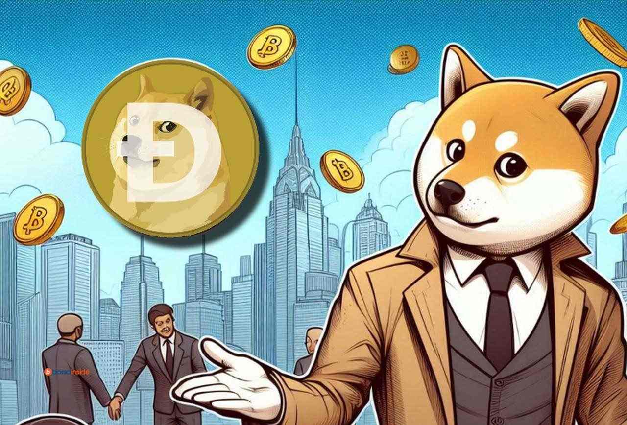 Il cane simbolo di Dogecoin in giacca e cravatta disegnato in stile fumetto, coi palazzi di una grande città alle spalle e in alto a sinistra, in sovrimpressione, una monete con il simbolo di Dogecoin