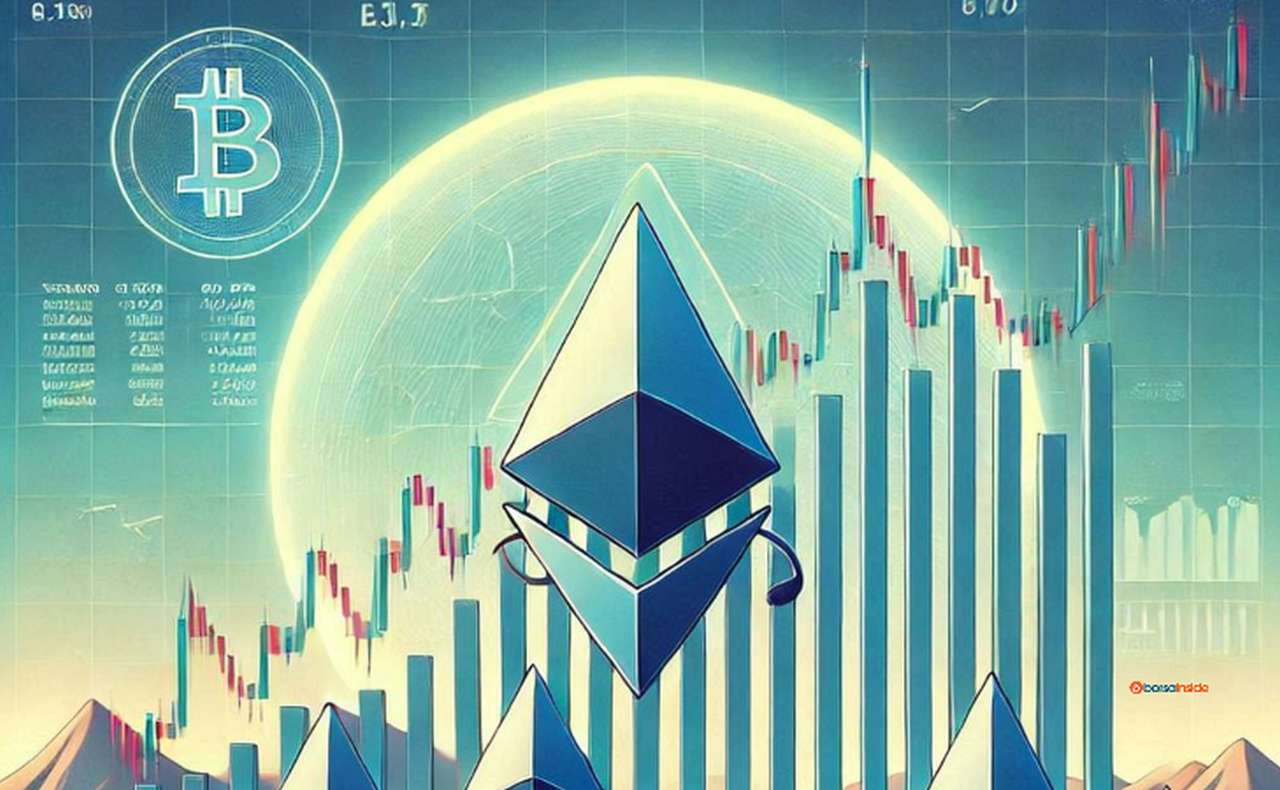 Il simbolo di Ethereum in greande al centro con un globo luminoso alle spalle e dei grafici a candele