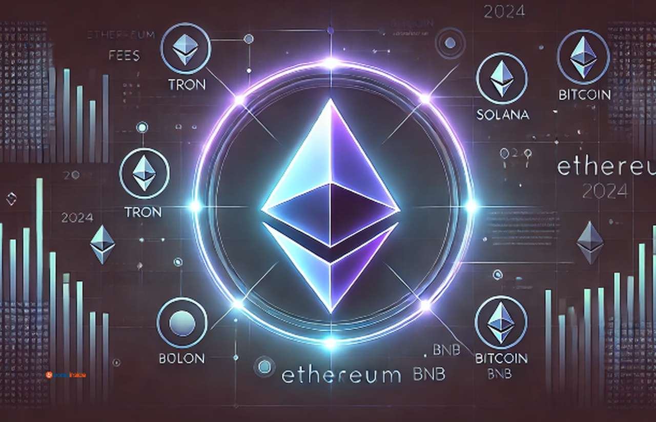 Il simbolo di Ethereum al centro con dei grafici a candele in trasparenza sullo sfondo