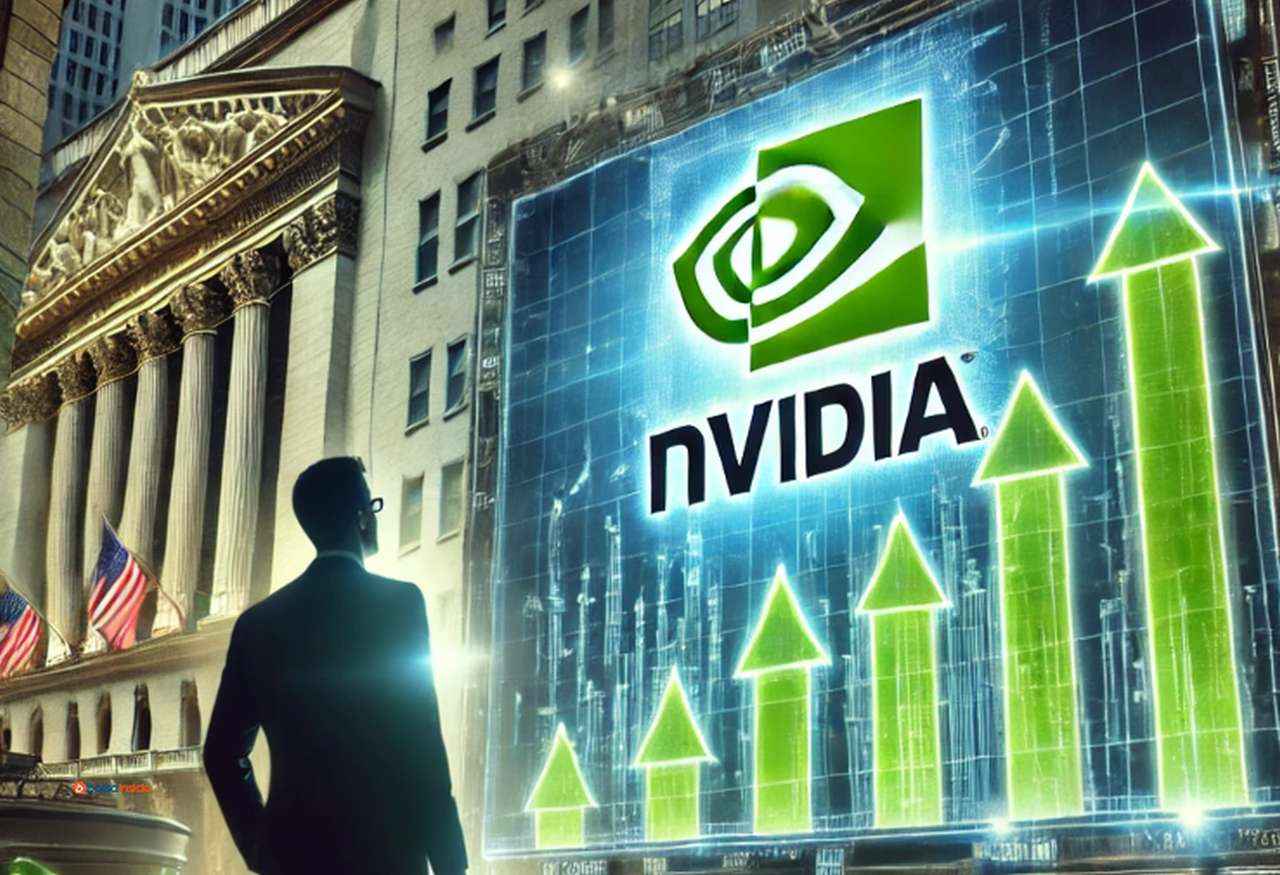 Un trader che osserva un maxischermo con il logo di Nvidia e delle frecce verdi verso l'alto davanti a un palazzo storico con le bandiere degli Stati Uniti appese all'ingresso