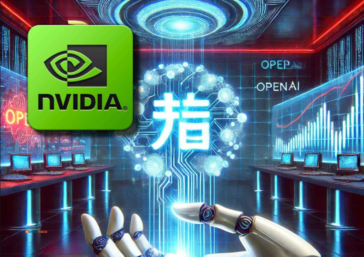 Una mano robotica su cui flutta una scritta cinese e il logo di Nvidia in sovrimpressione in alto a sinistra