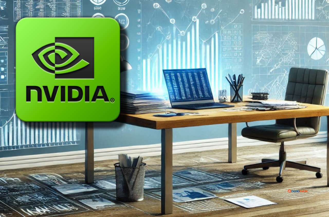 Una scrivania con un computer e dei grafici finanziari luminosi proiettati sulla parete della stanza. In alto a sinistra, in sovrimpressione, il logo di Nvidia