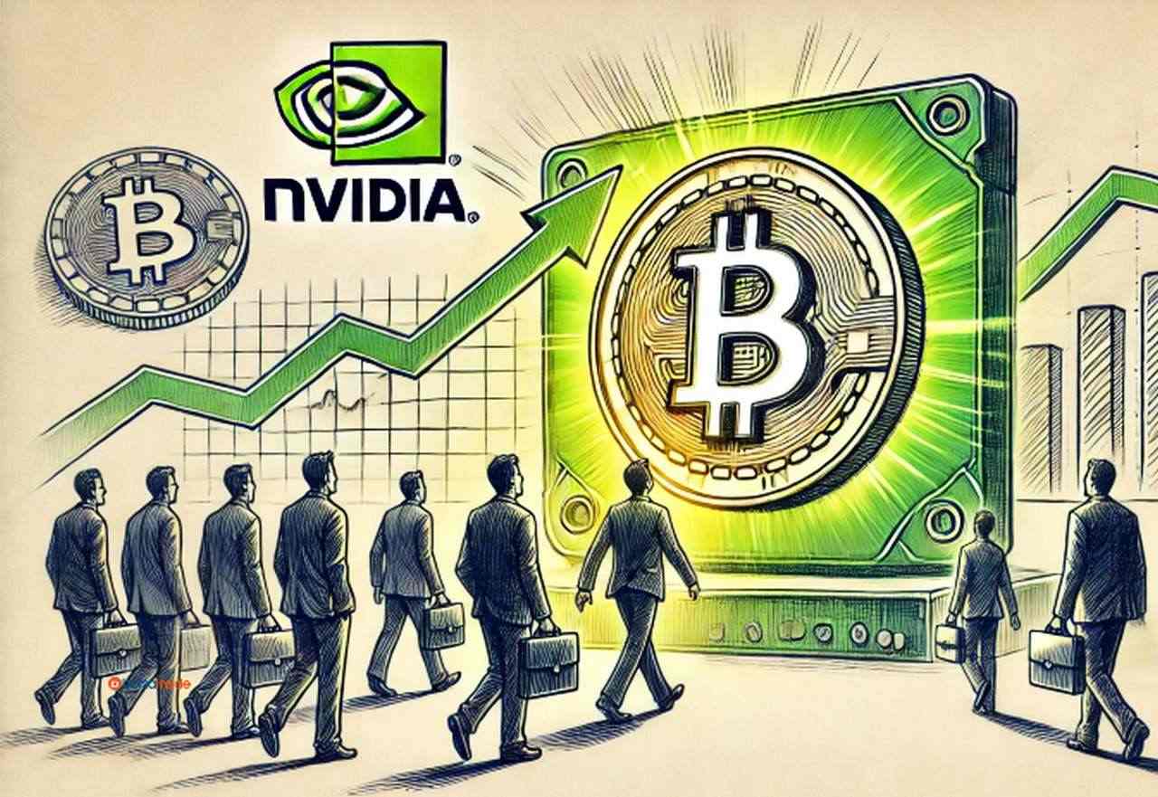 Il simbolo di Bitcoin al centro con dei trader che si muovono verso di esso seguendo delle frecce. In alto a sinistra, in piccolo, il logo di Nvidia