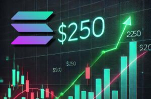 Un grafico a candele con una freccia verde verso l'alto su sfondo scuro. In alto a sinistra il simbolo di Solana e al centro, di fianco, la scritta "$250"