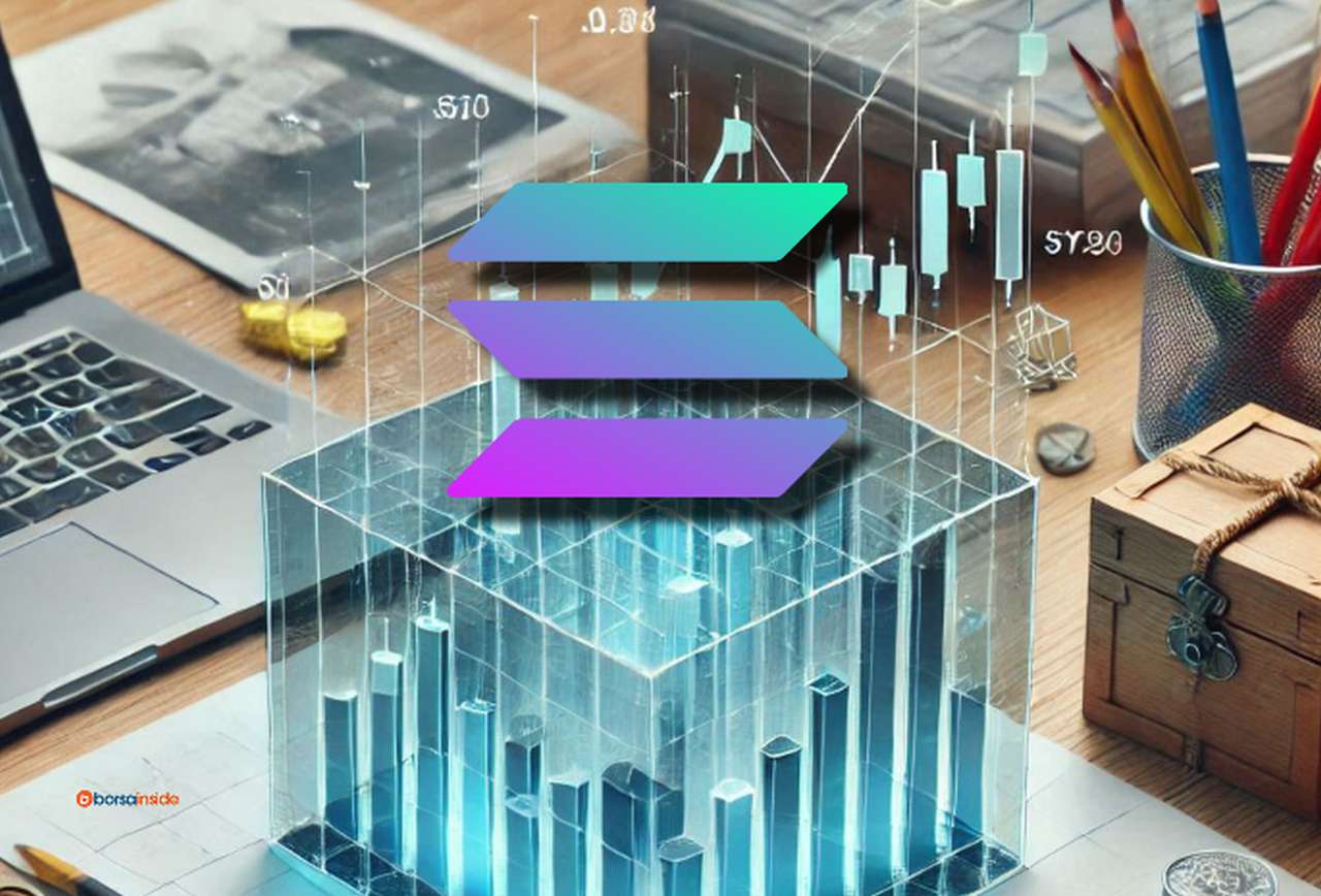 Un cubo trasparente con dei grafici a candele in sovrimpressione con una scrivania piena di oggetti sullo sfondo e il simbolo di Solana al centro