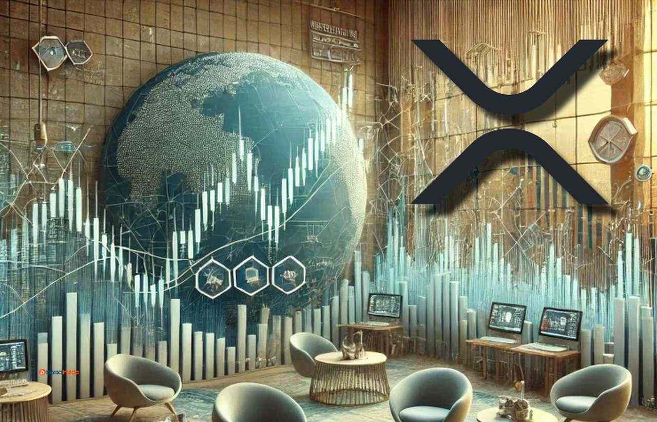 Una stanza con poltroncine e tavolini e dei grafici a candele rappresentati sulle pareti. In alto a destra in sovrimpressione il logo di XRP