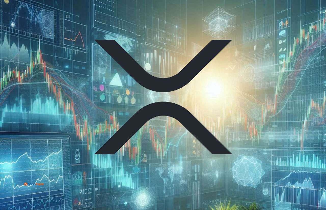 Il simbolo di XRP in grande al centro e no sfondo in toni di blu con grafici finanziari e luci