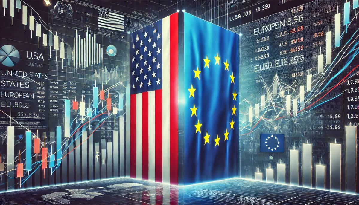 bandiera Usa e UE e grafico di borsa