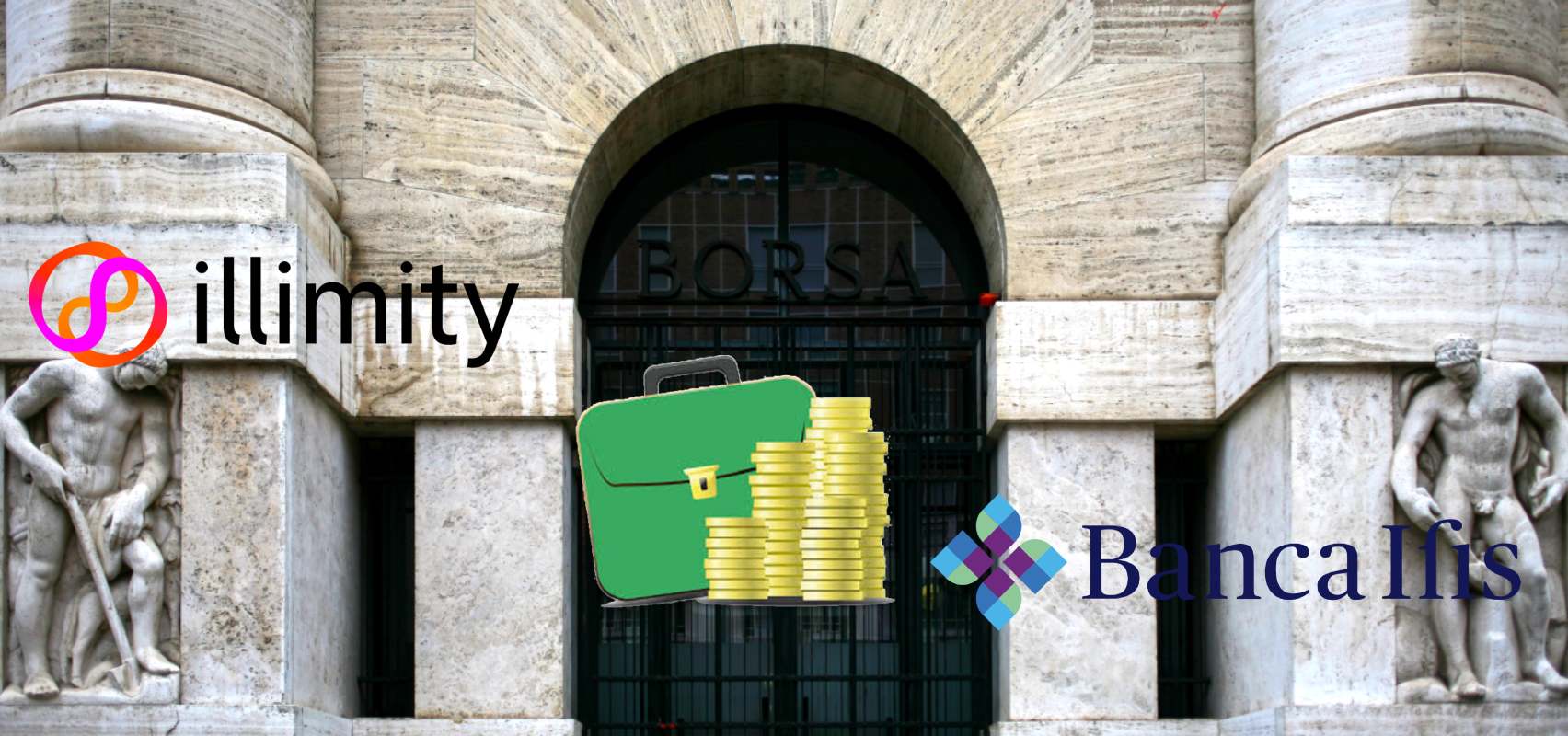 loghi di illimityBank e Banca Ifis all'ingresso della borsa di Milano