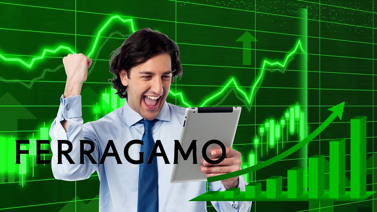 trader che esulta e logo di Ferragamo