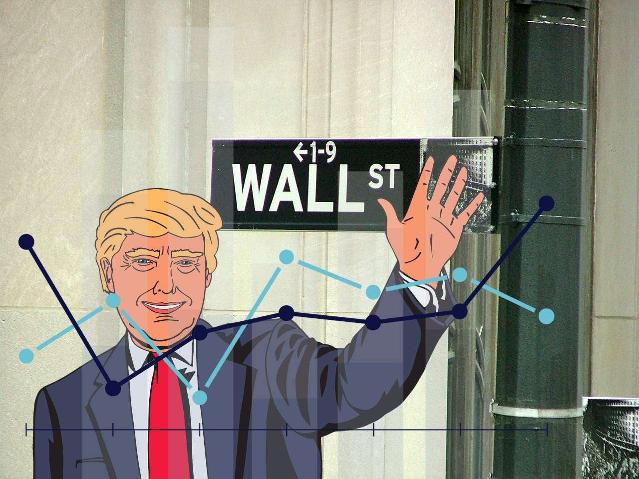 vignetta di Trump e insegna Wall Street