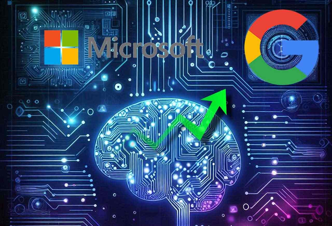 Uno sfondo con dei circuiti luminosi e la sezione di un cervello composta da puntini luminosi in toni di blu. In sovrimpressione il logo di Microsoft e quello di Google, rispettivamente in alto a sinistra e in alto a destra