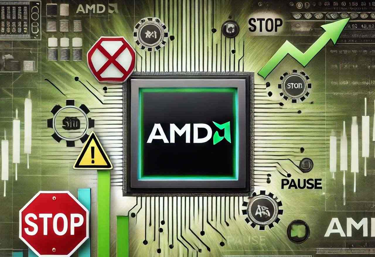 Il logo di AMD al centro di un quadrato al centro dell'immagine con dei segnali di pericolo e stop intorno insieme a grafici finanziari