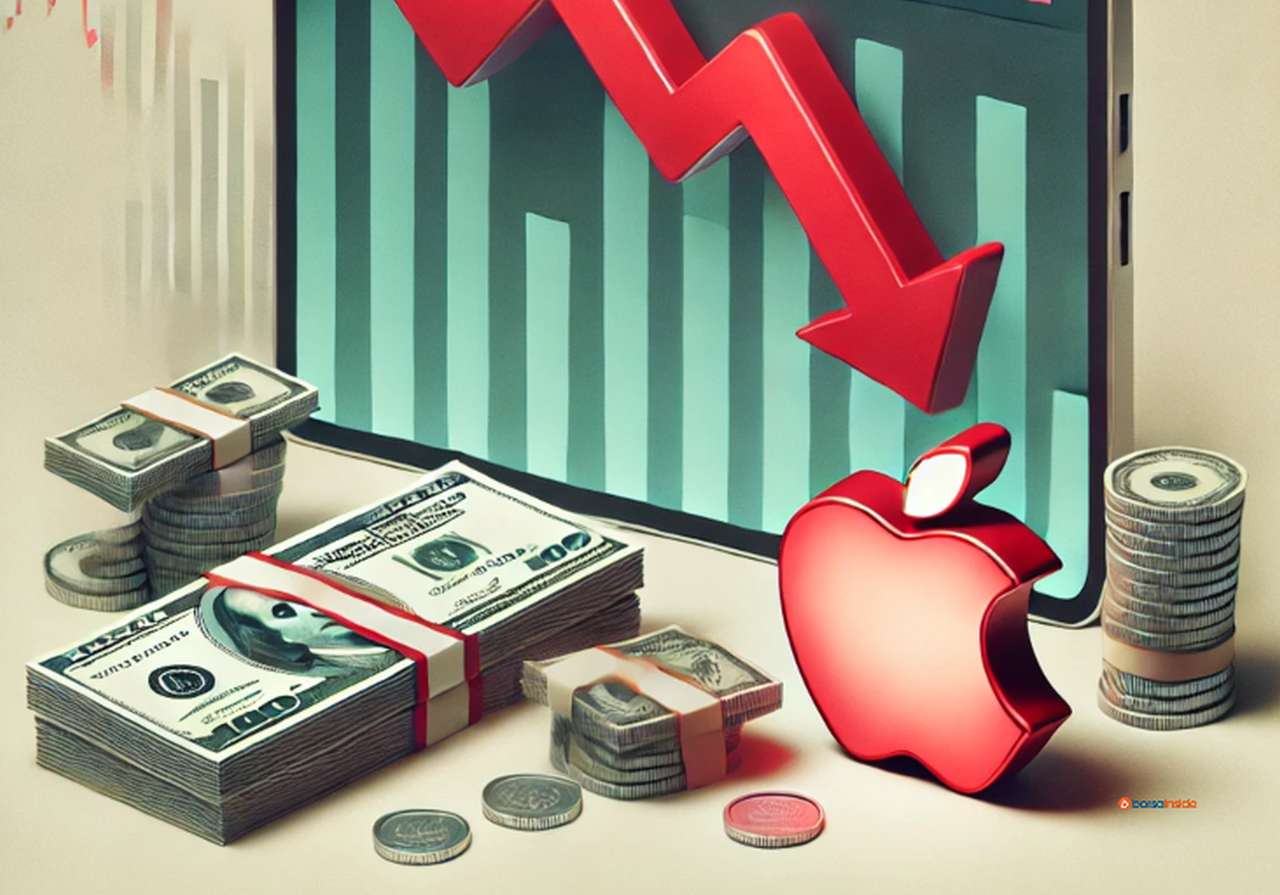 Uno schermo con una freccia rossa verso il basso che attraversa le colonne di un grafico. Sul piano dei dollari in banconote e monete e un oggetto con la forma del logo di Apple