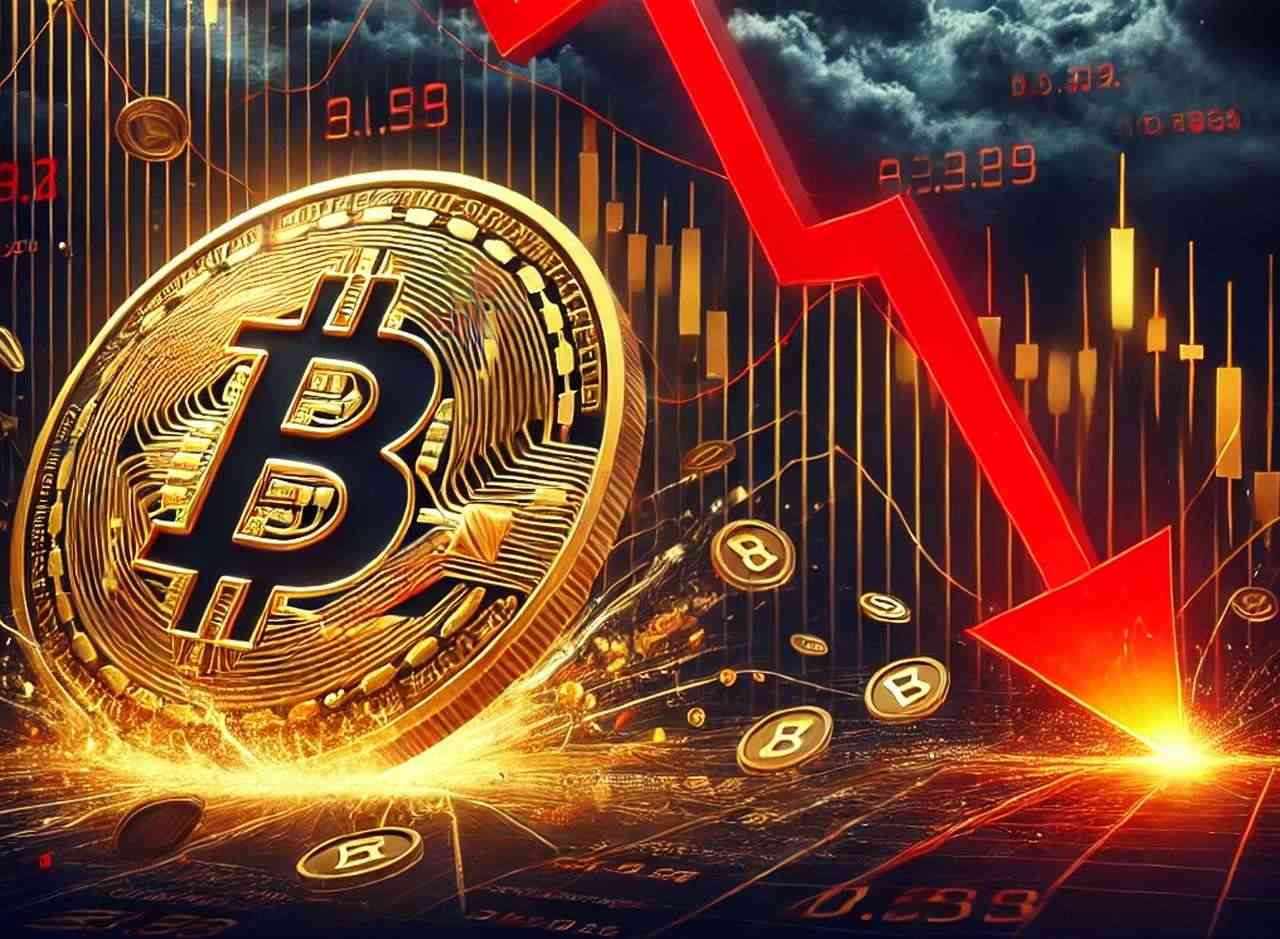 Una moneta di Bitcoin con dei grafici finanziari sullo sfondo e una freccia rossa a picco verso il basso