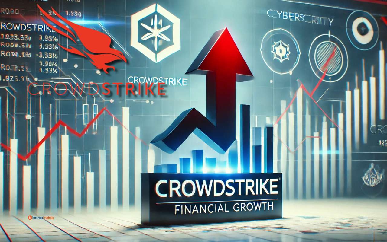 Il logo di Crowdstrike in alto a sinistra, una freccia rossa verso l'alto al centro e dei grafici a candele sullo sfondo