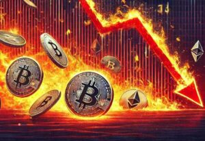 Alcune monete di Bitcoin con fiamme che le avvolgono e una freccia rossa verso il basso che ne accompagna la caduta