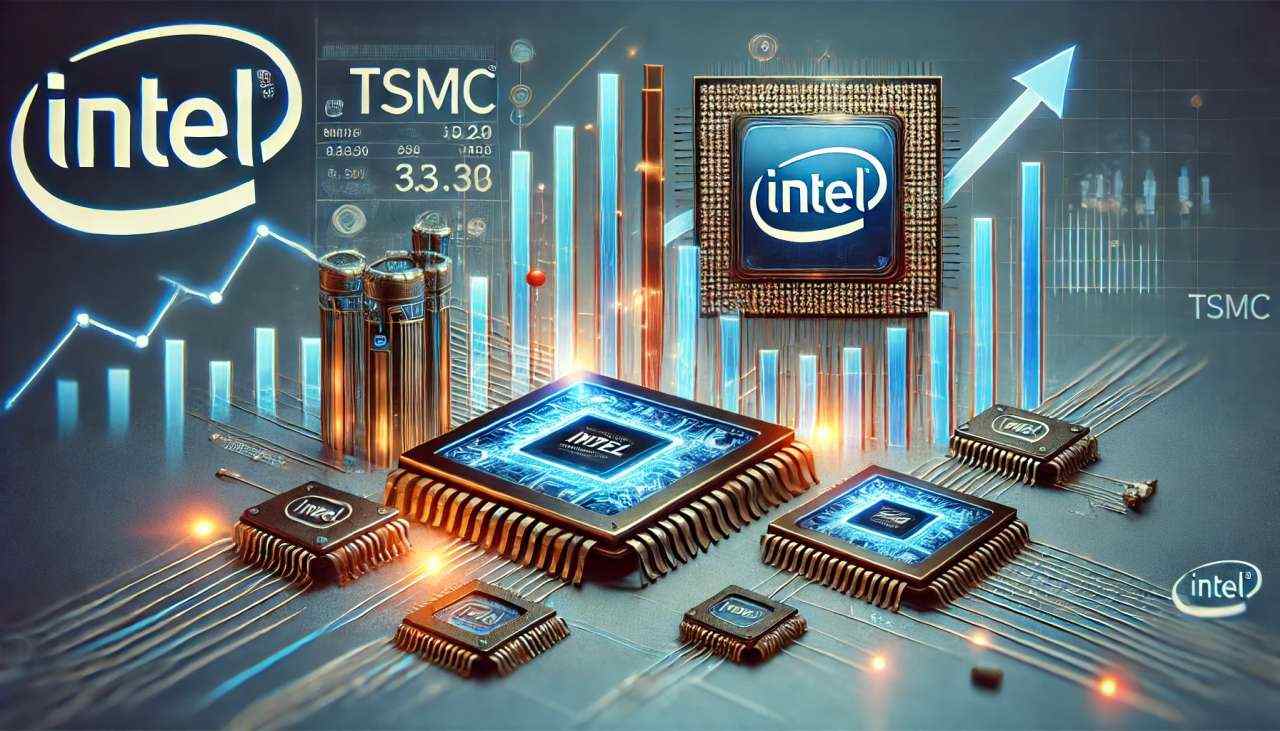 Alcuni chip disposti in modo disordinato su un piano con dei grafici sullo sfondo e il logo di Intel e TSMC in più punti