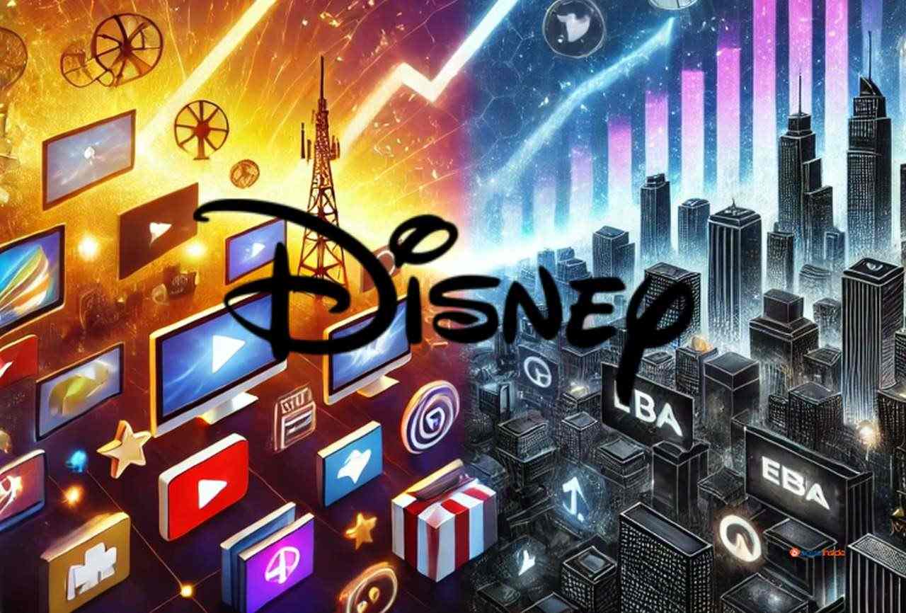 Un'immagine divisa in due con una parte ricca di colori e una in toni di grigio. In entrambe ci sono schermi con loghi di network. In sovrimpressione al centro il logo di Disney