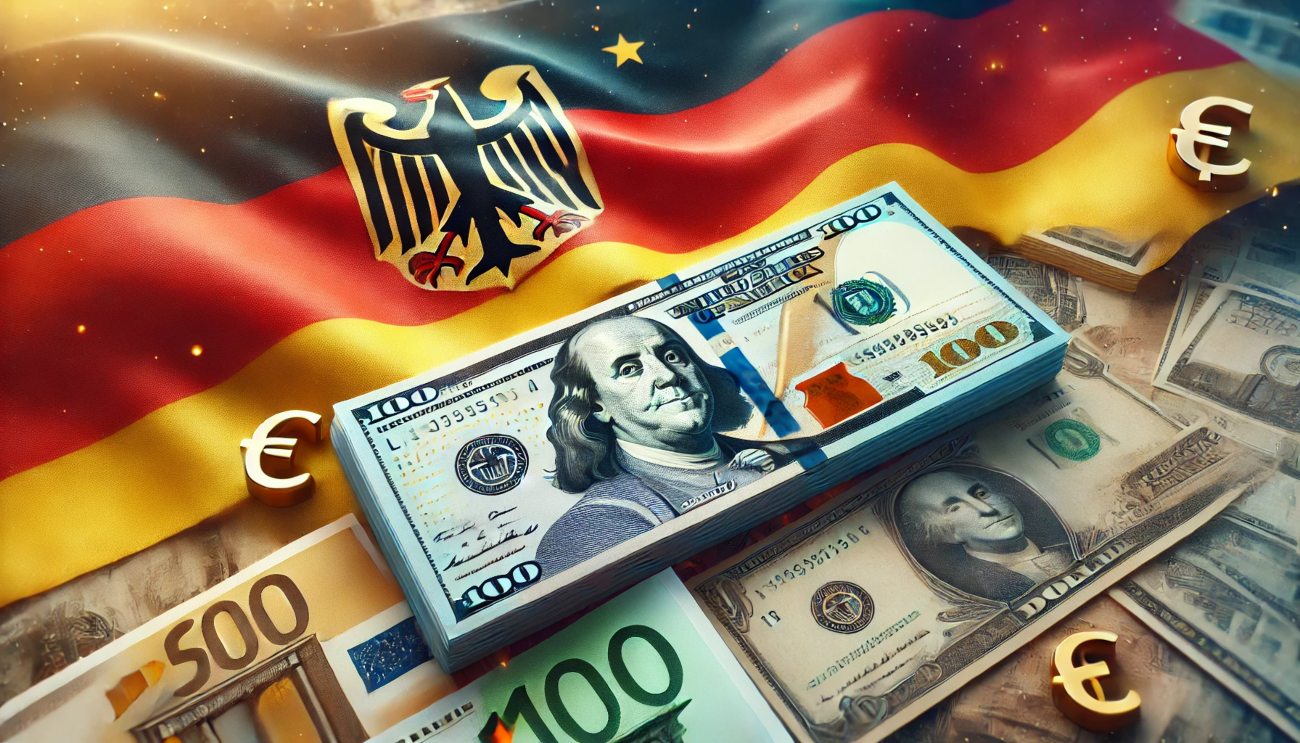 Banconote Euro e Dollari con sullo sfondo bandiera della Germania