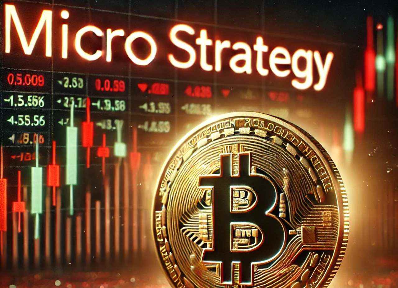 Una moneta di Bitcoin con dei grafici a candele sullo sfondo e la scritta Microstrategy in alto