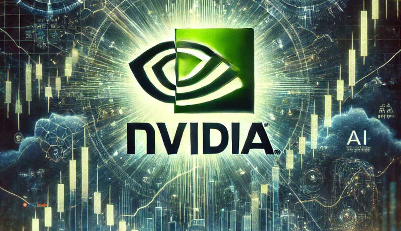 Il logo di Nvidia al centro e dei grafici a candele sullo sfondo