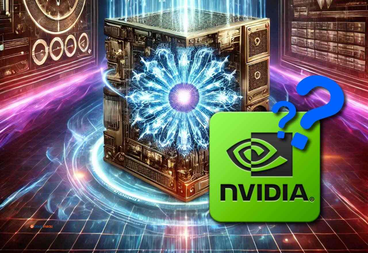 Una luce azzurra all'interno di un cubo e il logo di Nvidia in basso a sinistra con due punti interrogativi in sovrimpressione