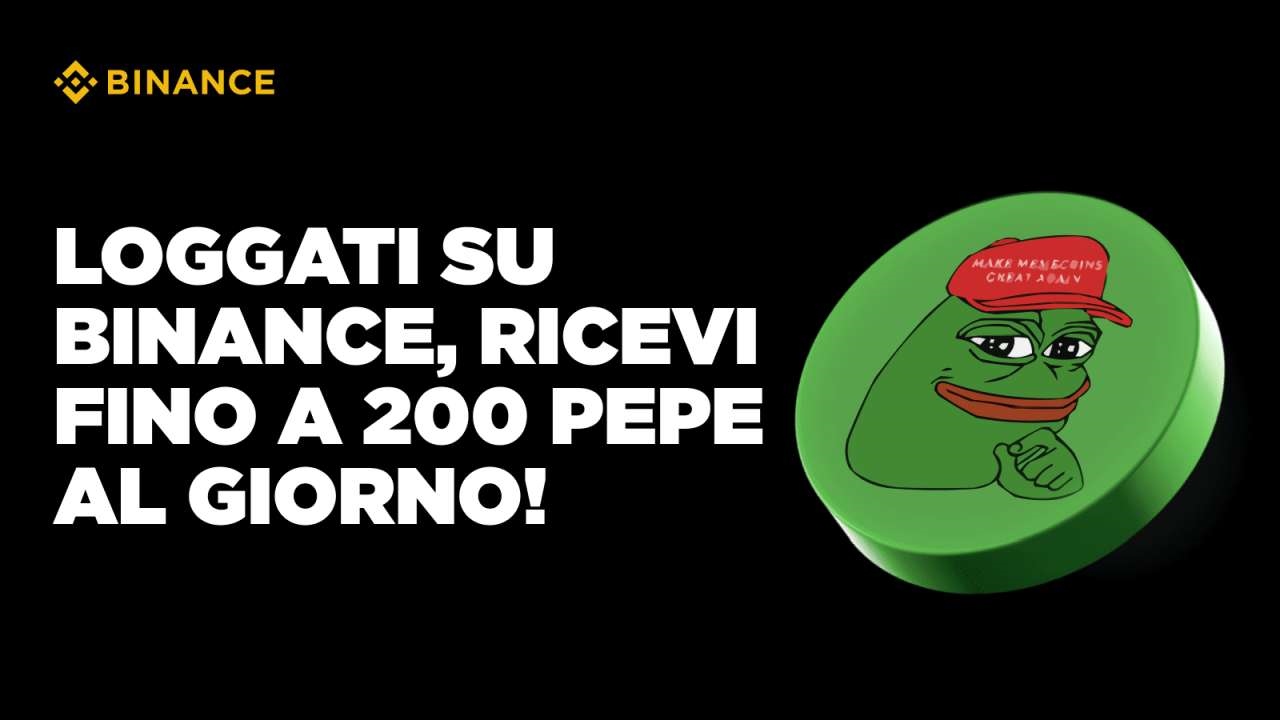 Una scritta bianca su sfondo nero con il token di Pepe e il logo di Binance