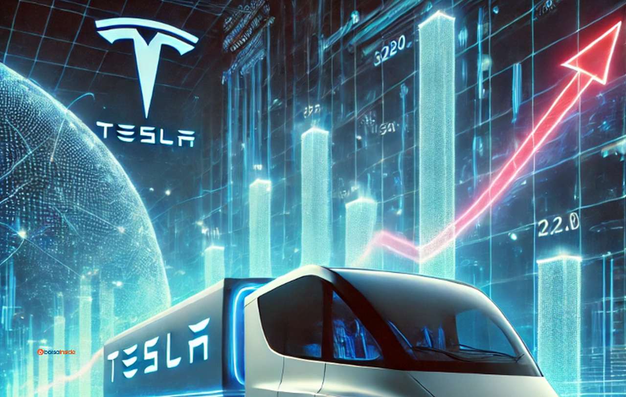 Un furgone con la scritta Tesla, il simbolo di Tesla in alto a sinistra, e sullo sfondo dei grafici a candele e una freccia verso l'alto