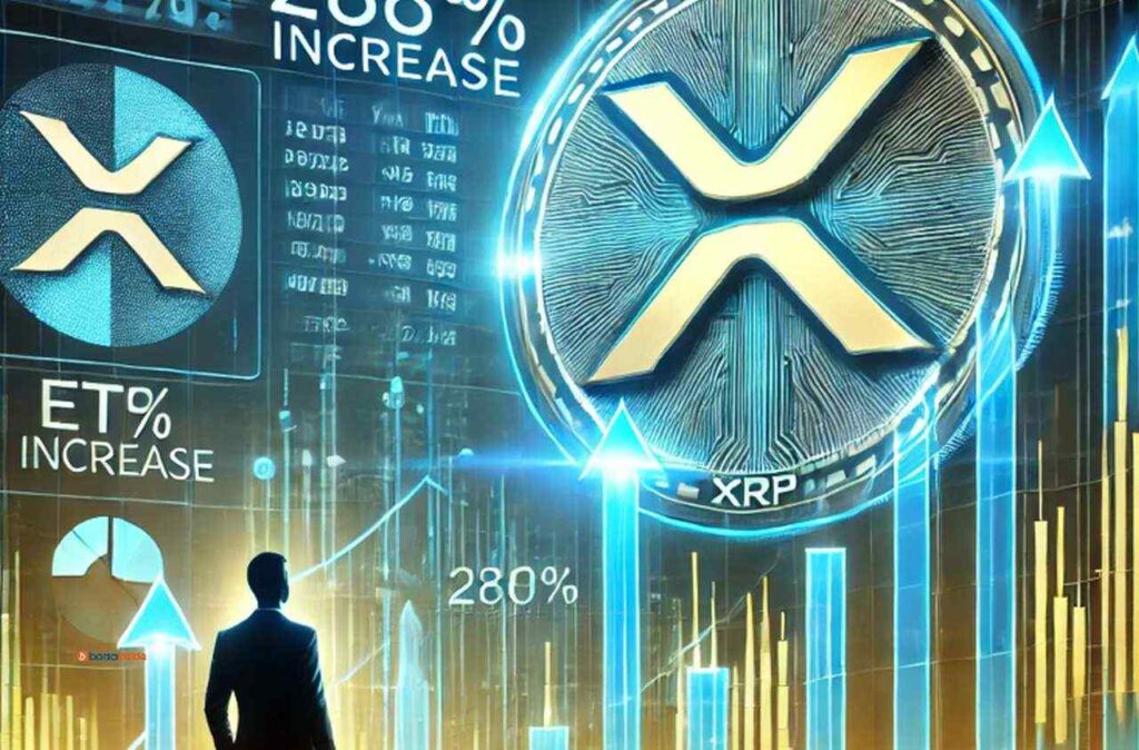 La sagoma di un trader in basso a sinistra mentre osserva un ampio spazio con grafici a numeri con ilk logo di XRP in alto a destra