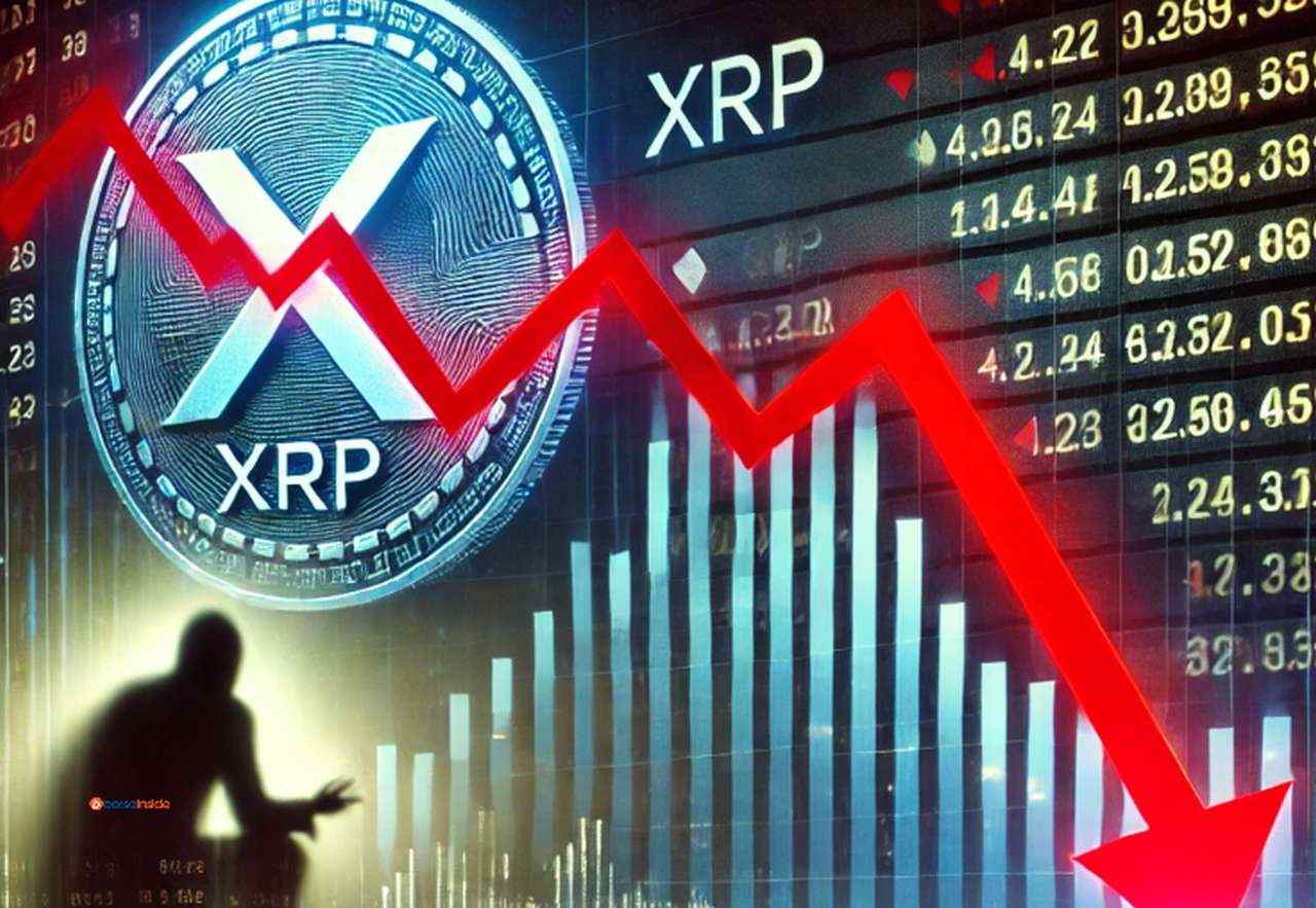 Il simbolo di XRP su una moneta in alto a sinistra con dei grafici e numeri sullo sfondo e una freccia rossa verso il basso che li attraversa