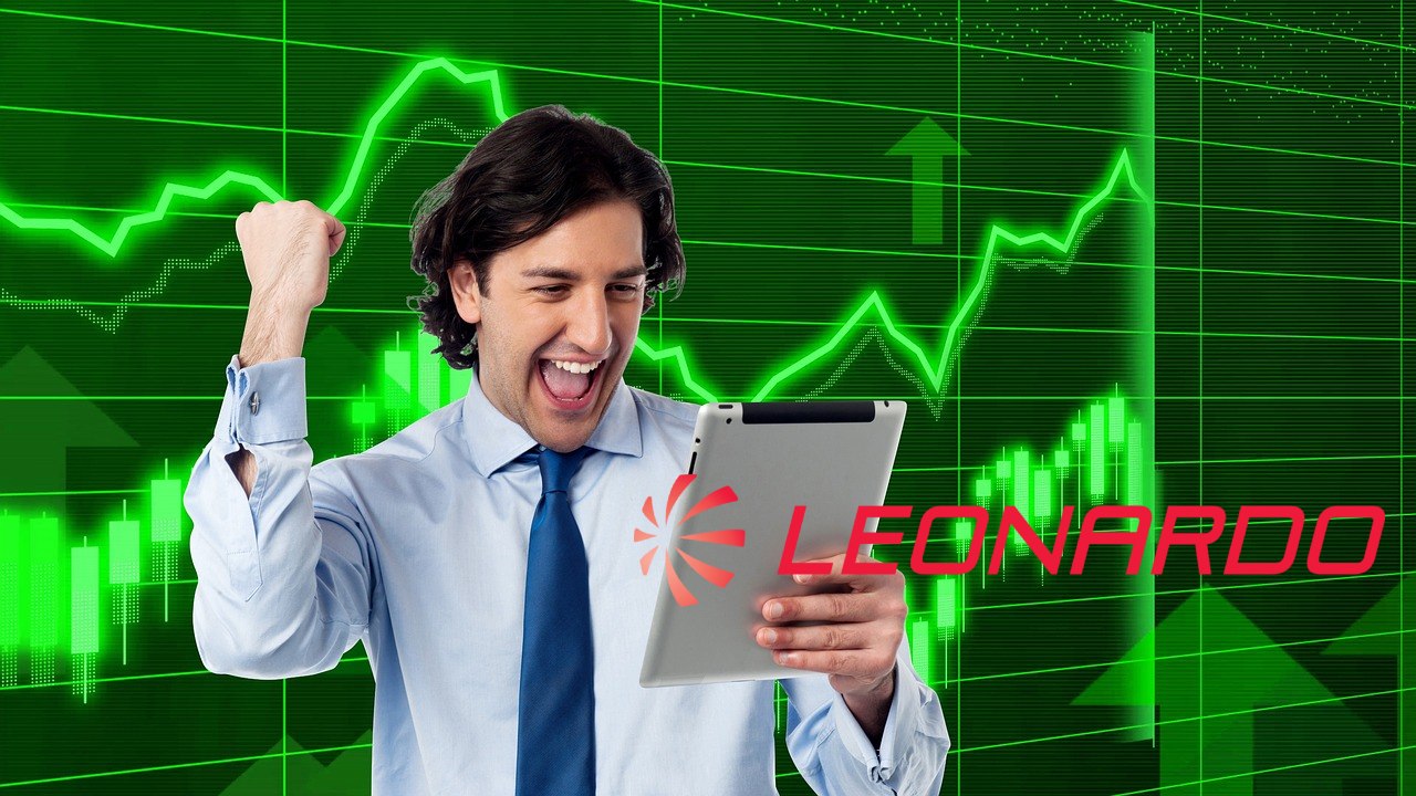 Trader che esulta e logo di Leonardo