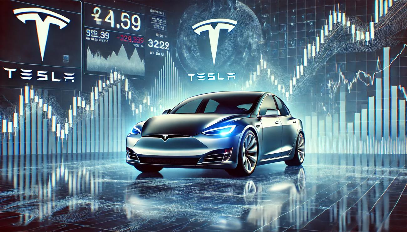 una macchina Tesla e grafici di borsa