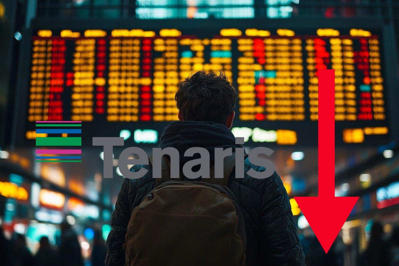 ragazzo con zaino che osserva indici di borsa e logo di Tenaris in primo piano