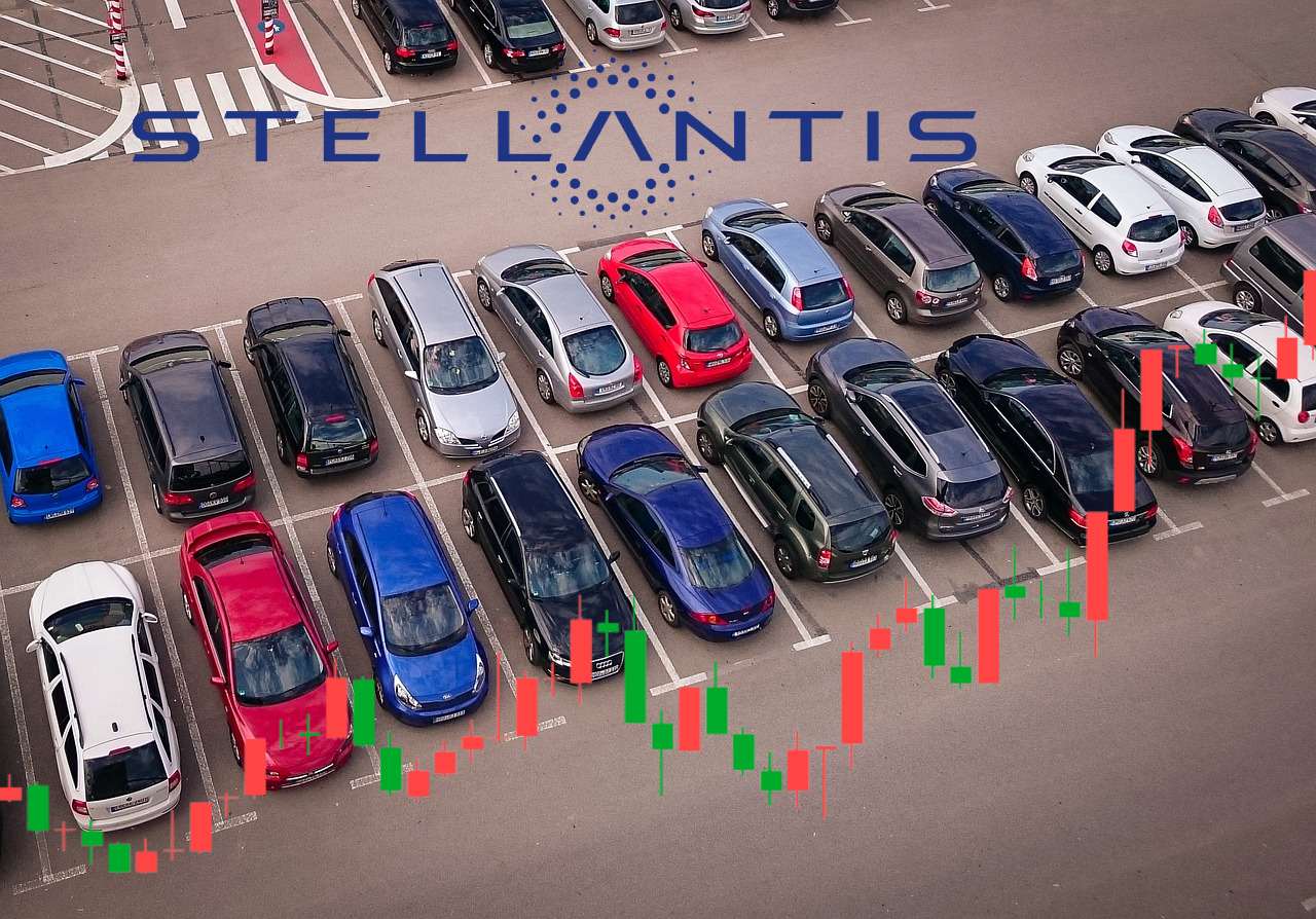 parcheggio con auto e logo di Stellantis