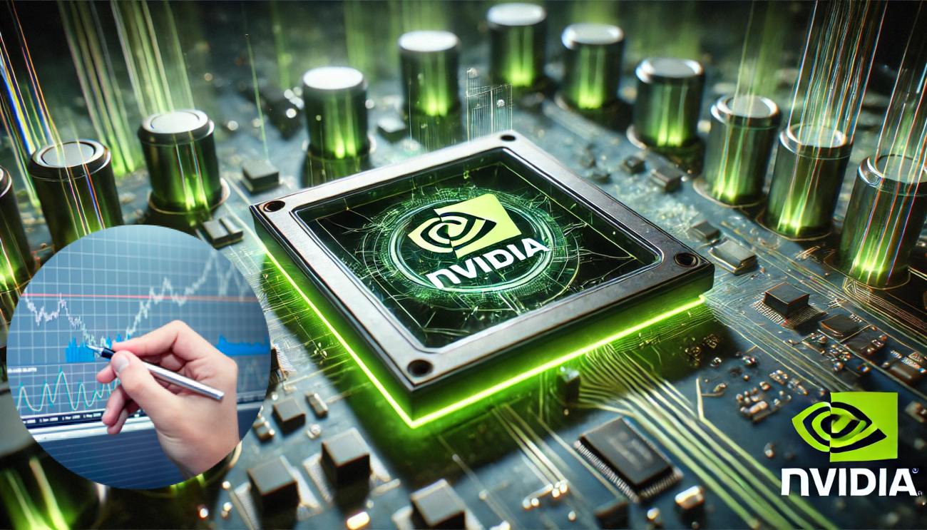 logo di Nvidia e chip di AI