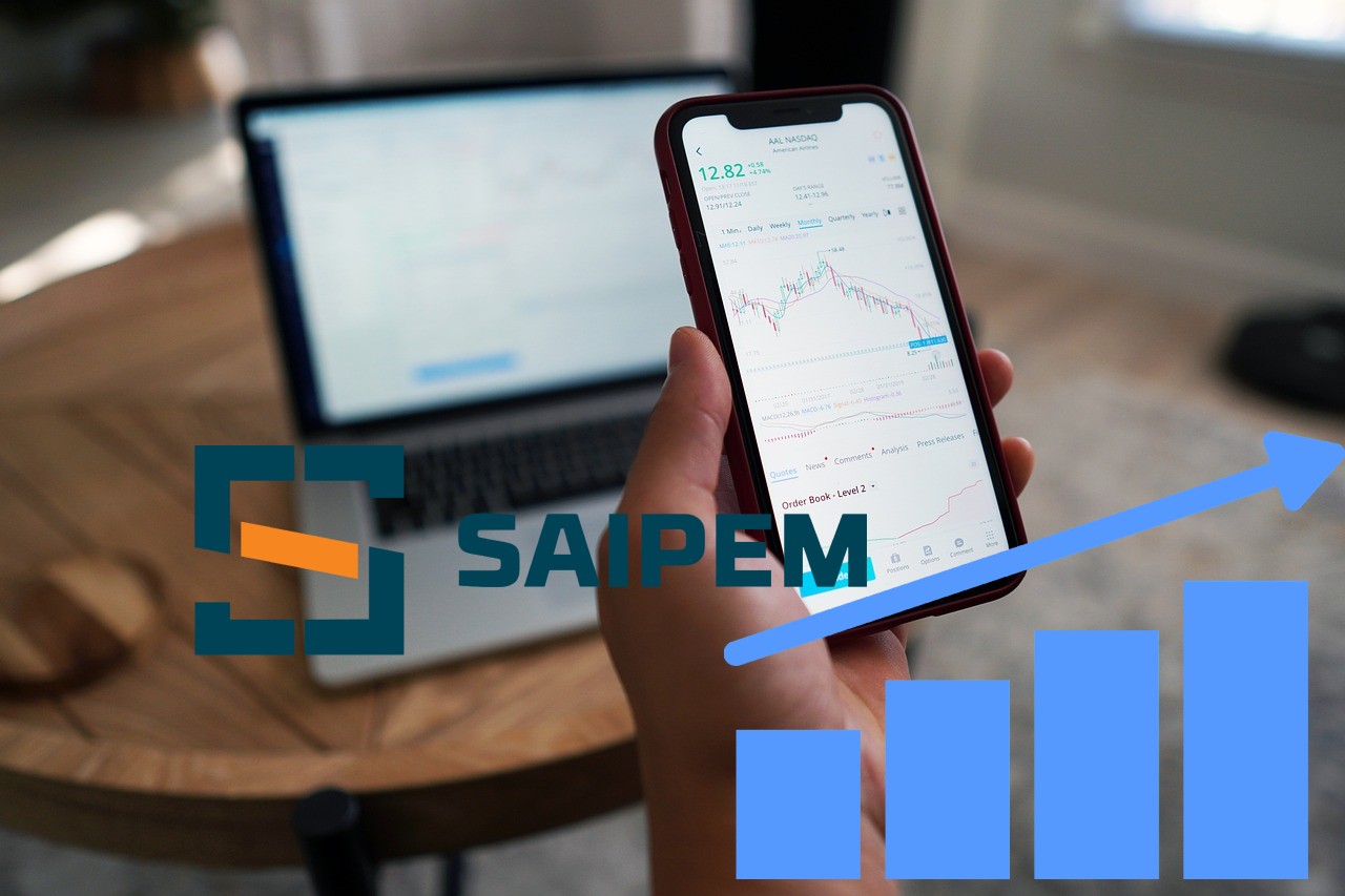 logo di Saipem e sullo sfondo mobile trading