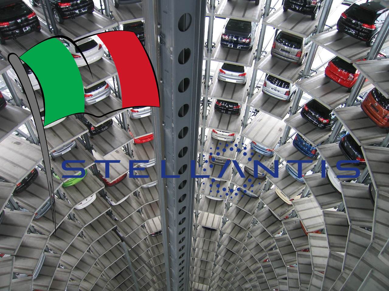 logo di Stellantis e auto sullo sfondo