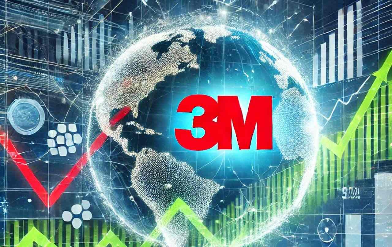 Il logo di 3M al centro con il globo terrestre sullo sfondo insieme a grafici finanziari