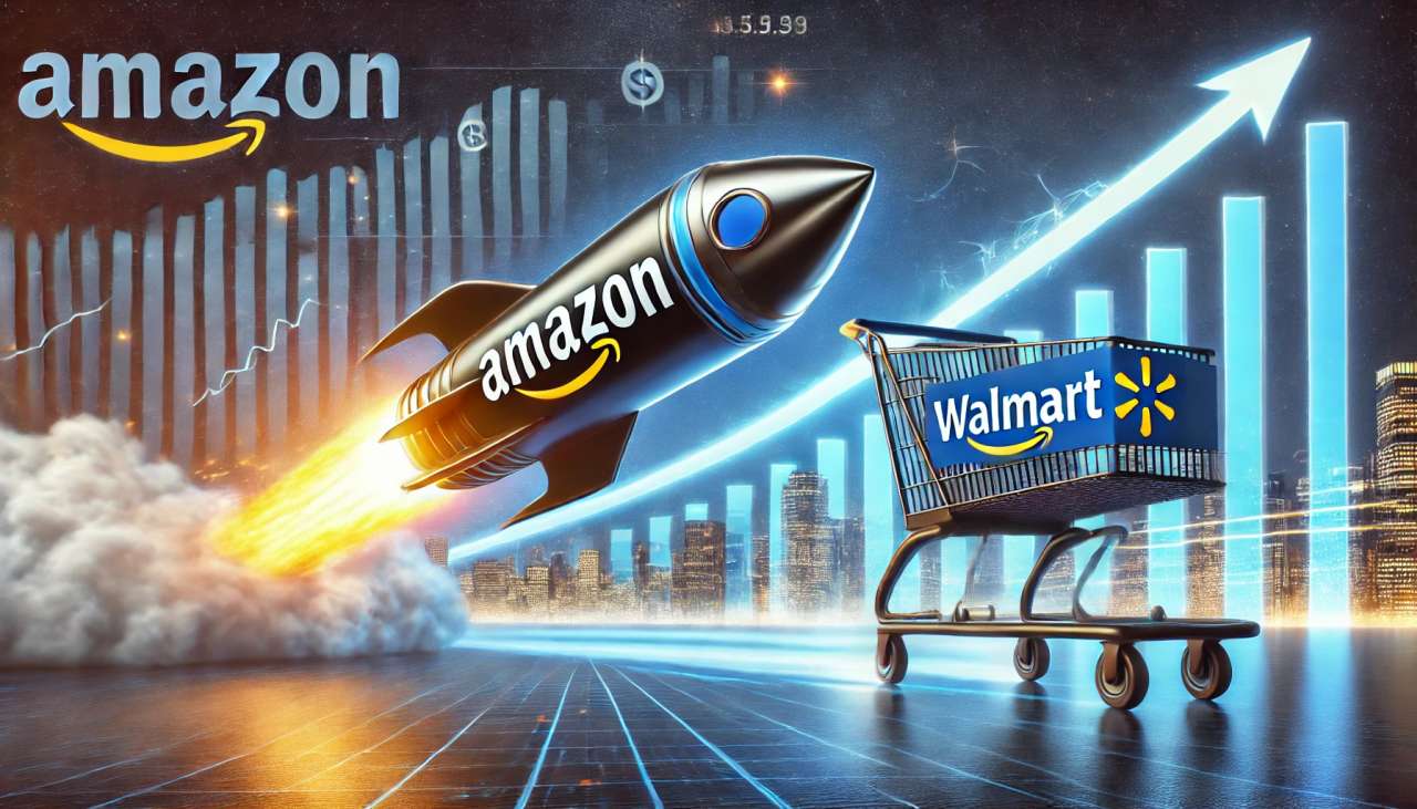 Un missile con il logo di Amazon che prende il volo sopra un carrello della spesa con il logo di Walmart. Sullo sfondo un grafico a colonne con una freccia che lo percorre verso l'alto