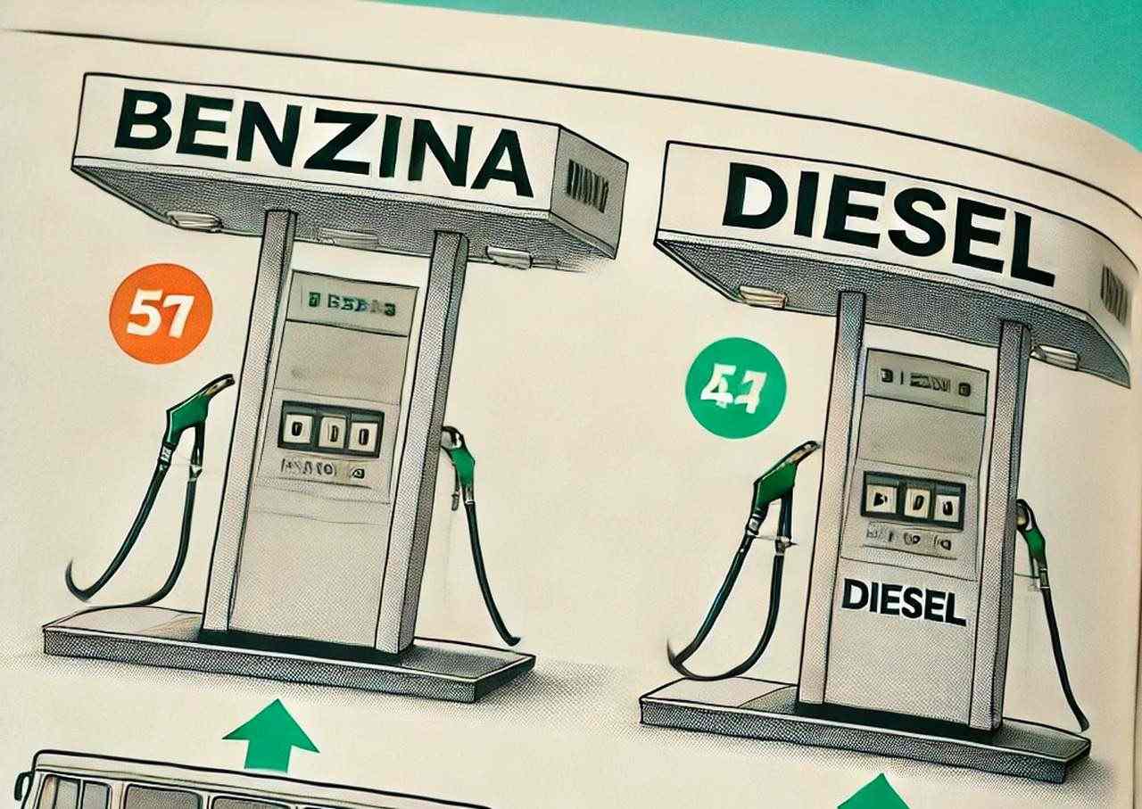 Un disegno con due pompe rifornimento di carburante, benzina a sinistra e diesel a destra