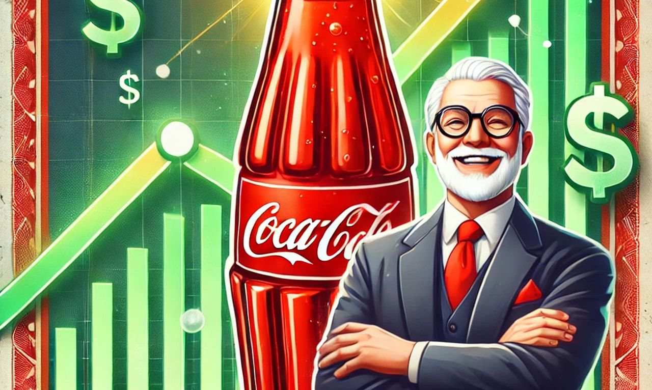 Una bottiglia di Coca Cola al centro con dei grafici finanziari sullo sfondo e il disegno di un trader con le braccia conserte in primo piano davanti