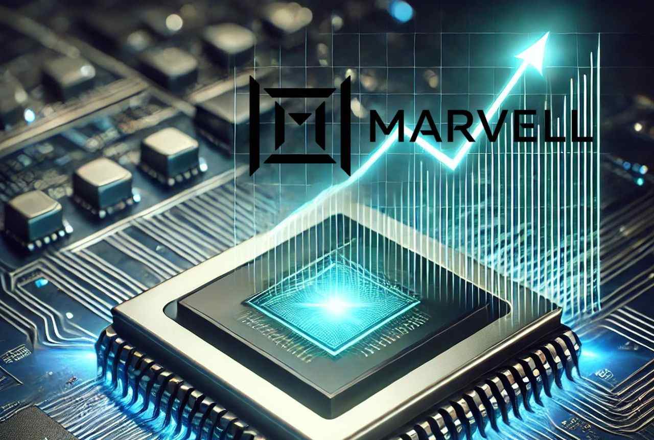 Il logo di Marvell Technology con alcuni microchip sullo sfondo