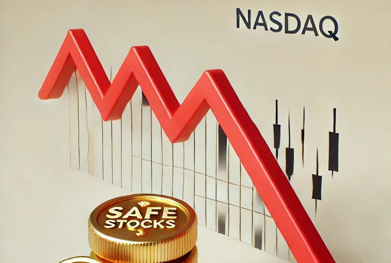 Un grafico finanziario con una freccia rossa verso il basso in sovrimpressione e la scritta Nasdaq in alto a destra