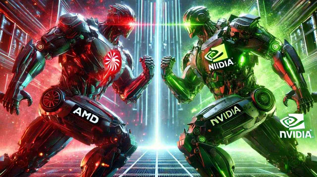 Due robot che si fronteggiano, uno con il logo Nvidia a destra e l'altro AMD a sinistra