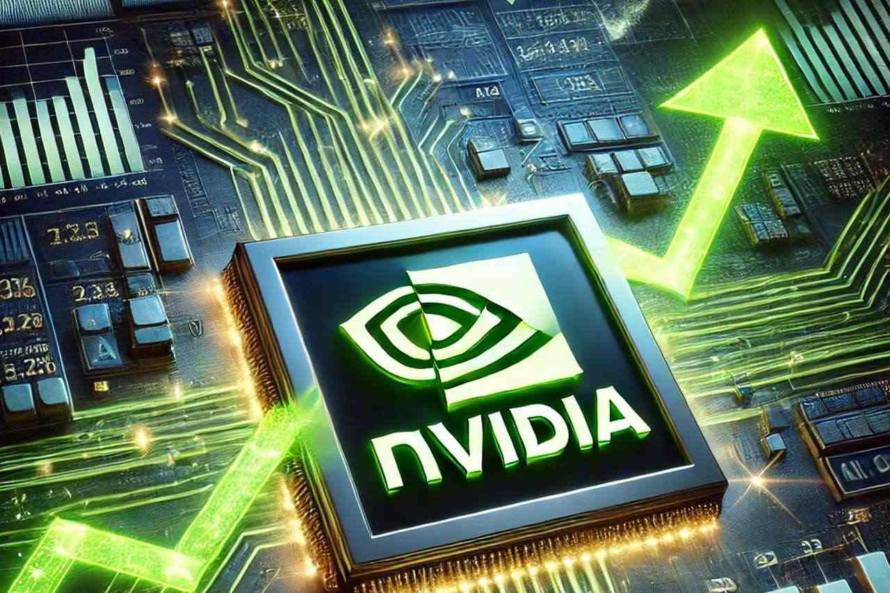 Il logo di Nvidia al centro di una scheda elettronica con una freccia verde che lo attraversa