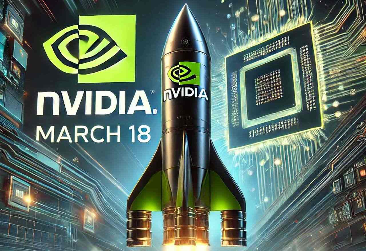 Il logo di Nvidia in alto a sinistra e al centro su un missile in decollo verticale