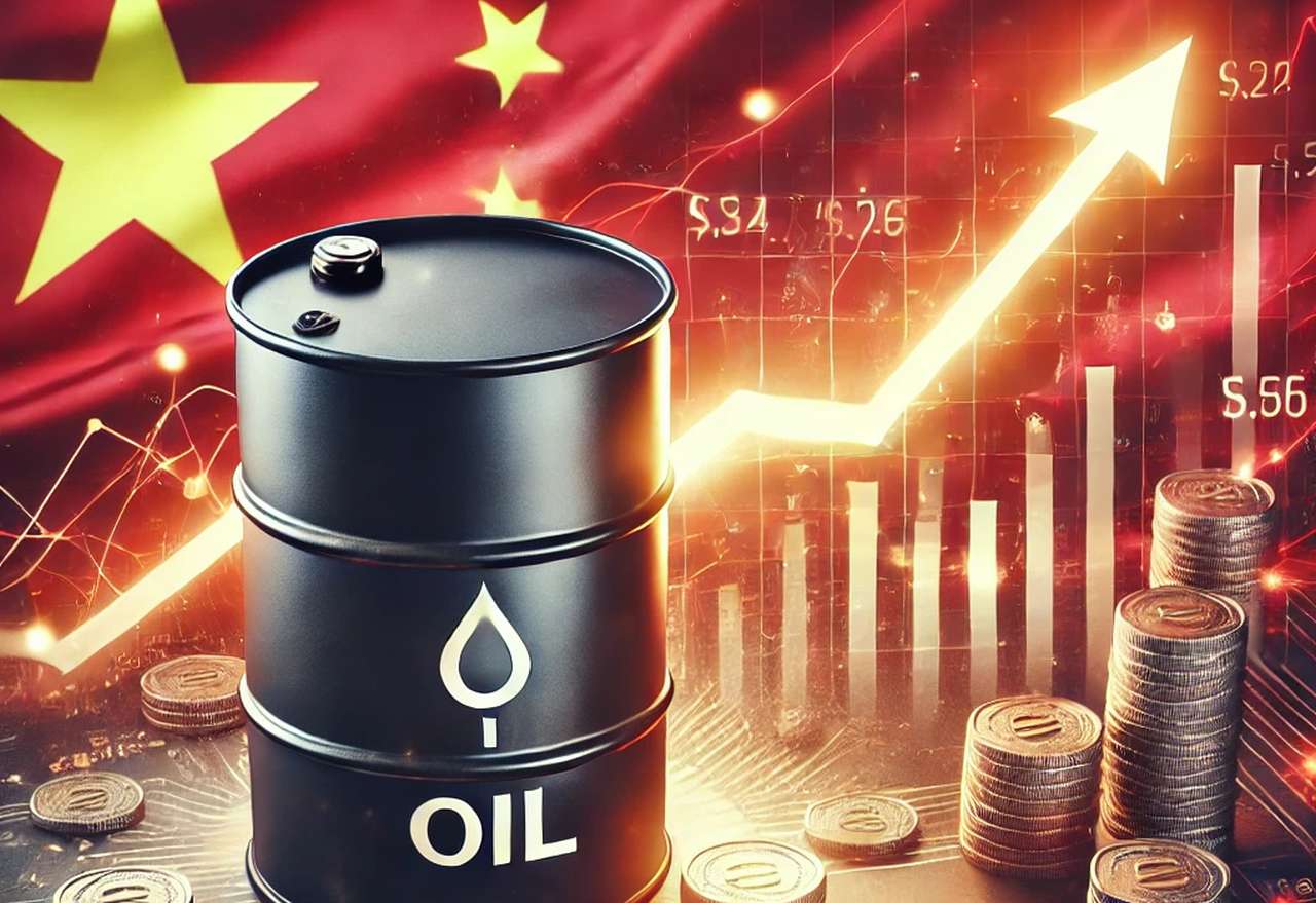 Un barile di petrolio con la scritta OIL. Sullo sfondo la bandiera della Cina, dei grafici a colonne e una freccia luminosa verso l'alto