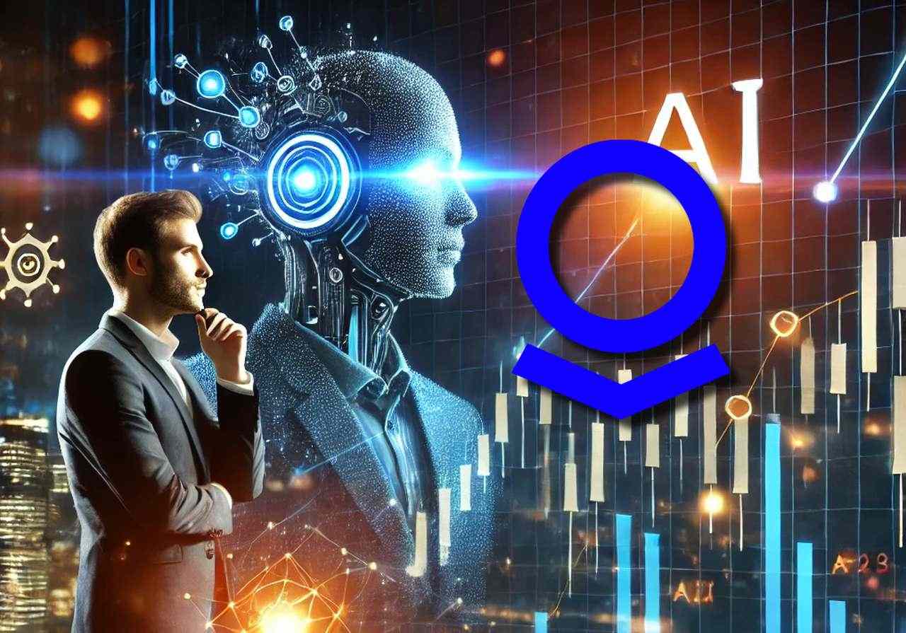 Un trader a sinistra che osserva dei grafici sullo sfondo con l'immagine di un robot e la scritta AI in alto a destra. In sovrimpressione il logo di Palantir